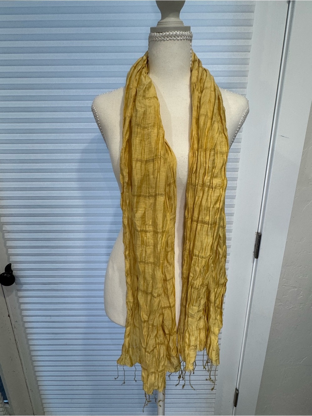 Thai silk & Cotton Lightweight Mustard Yellow Crinkled Scarf - Women 1103
